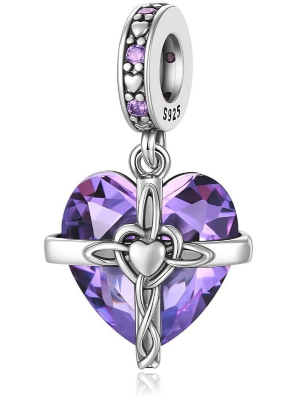 Women's Purple 925 Sterling Silver Cross Charms Dangle Beads Heart Birthstone